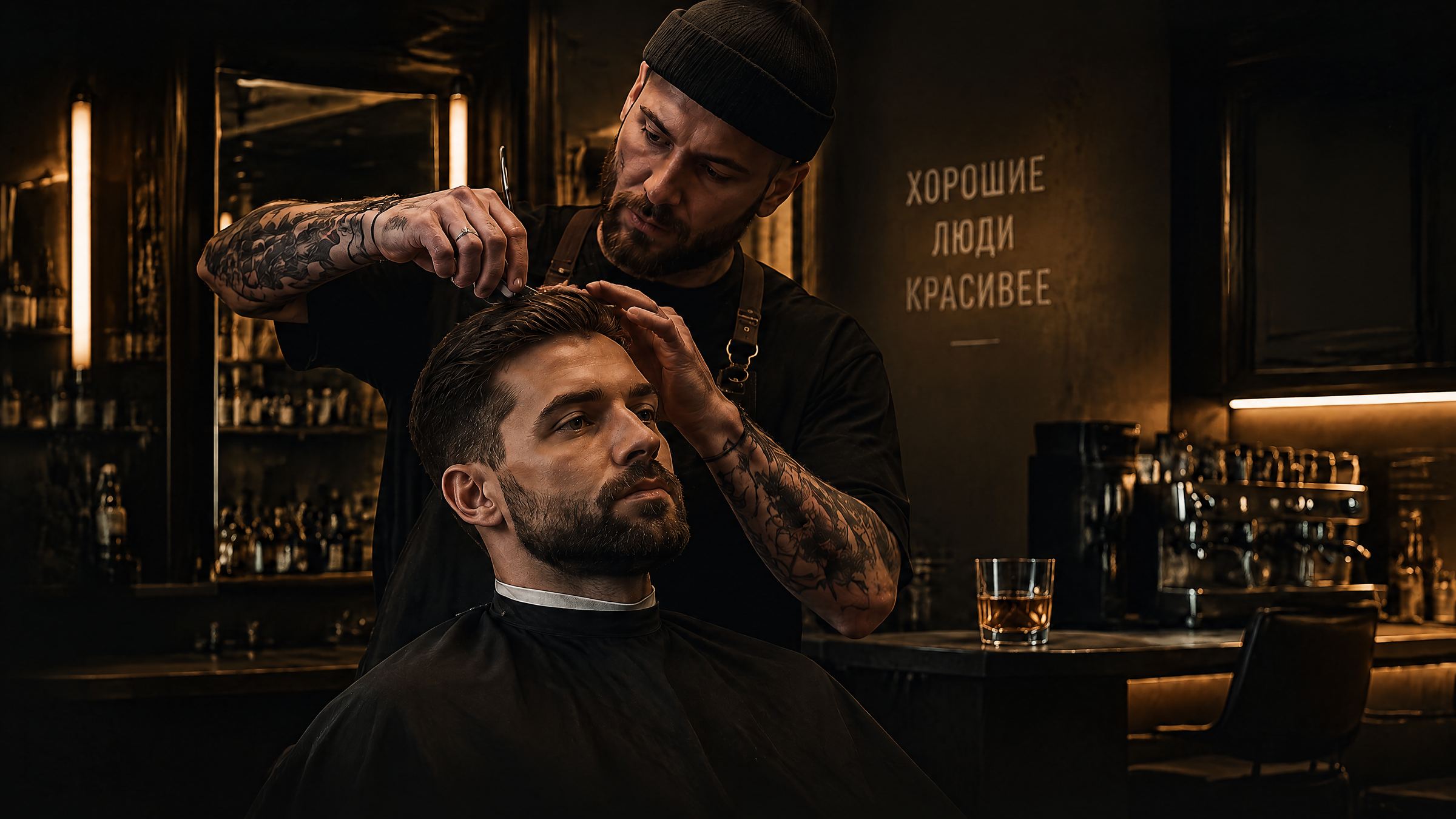 Мастер стрижёт клиента у барной стойки